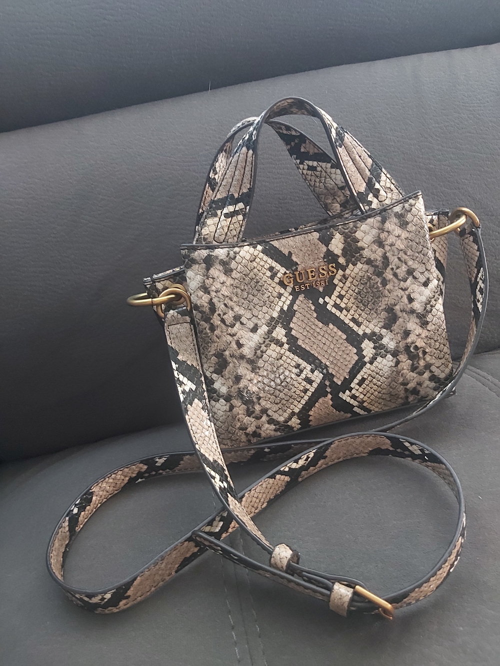 Guess Beige Snake-Print Mini Tote Bag